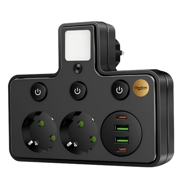 Prelungitor 6-in-1, Omelivon, 2 prize, 2 USB, 2 Type-C, negru, interior