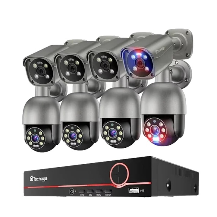 Camera de supraveghere, 8 canale, detectie de miscare, rezolutie 4MP, set de 8 bucati, rezistenta la apa si praf
