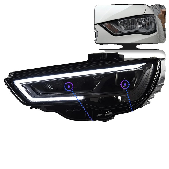 Proiector LED pentru Audi A3 2014-2016, lentila proiectoare, consum redus de energie, 12V, set stanga