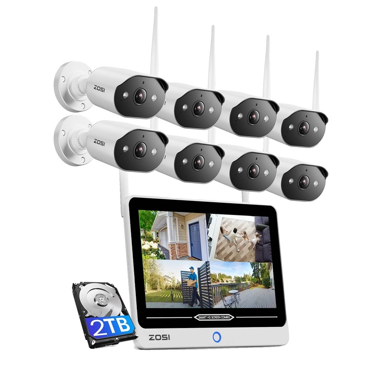 Megfigyelőkészlet, 3MP, 8 kamera, 12'' LCD monitor, AI személyfelismerés, 2TB