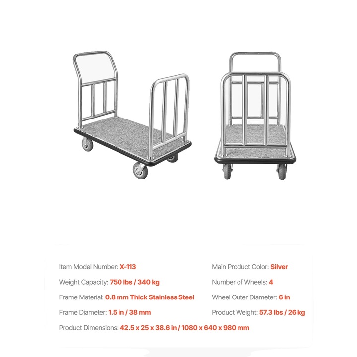 Carucior de bagaje, 750 lbs, design din otel inoxidabil, roti din cauciuc, 42.5x25x38.6 in, set