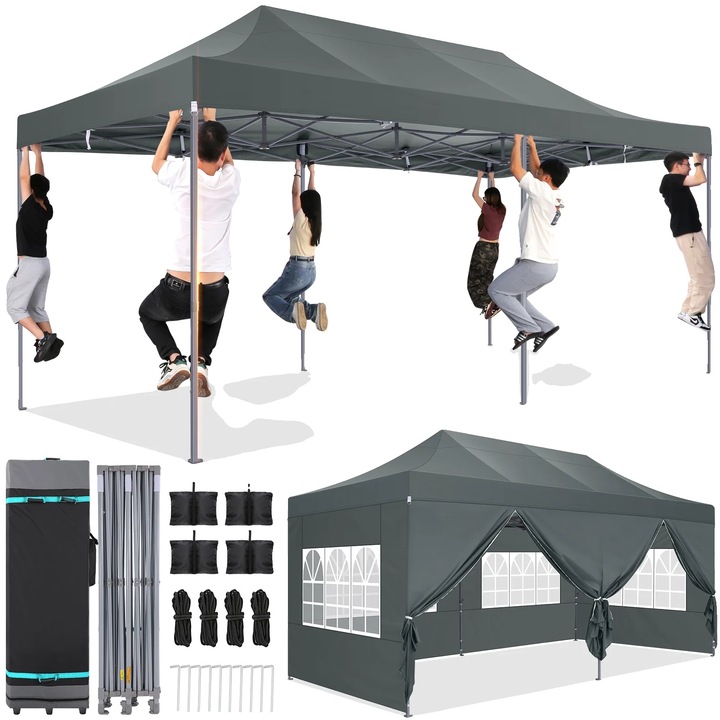 Pavilion, Pop Up, cu perete lateral, design impermeabil, inaltime ajustabila, cadru durabil, gri, 3x6m