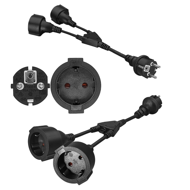 Разклонител за контакт 2 в 1, удължител с 2 изхода, захранващ кабел за ЕС 16A 3680W, дебела медна сърцевина, гъвкав PVC, за дома и офиса, съвместим с домакински уреди, черен цвят, персонализирана дължина