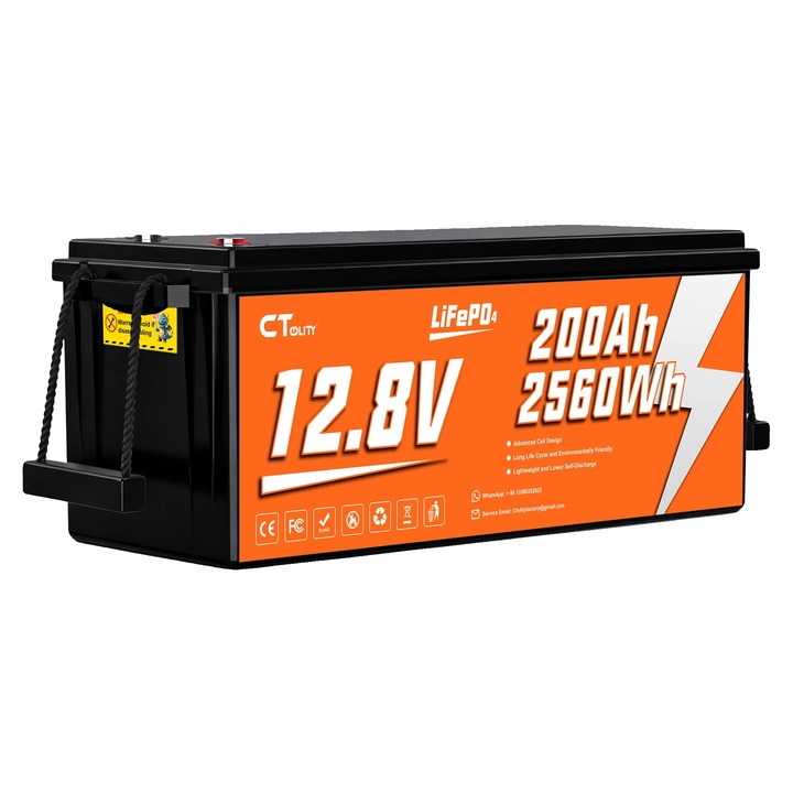 Baterie LiFePO4, Capacitate 2560 Wh, BMS 200A, RV, Barca, Camping, Baterii Panou Solar, CT200-12