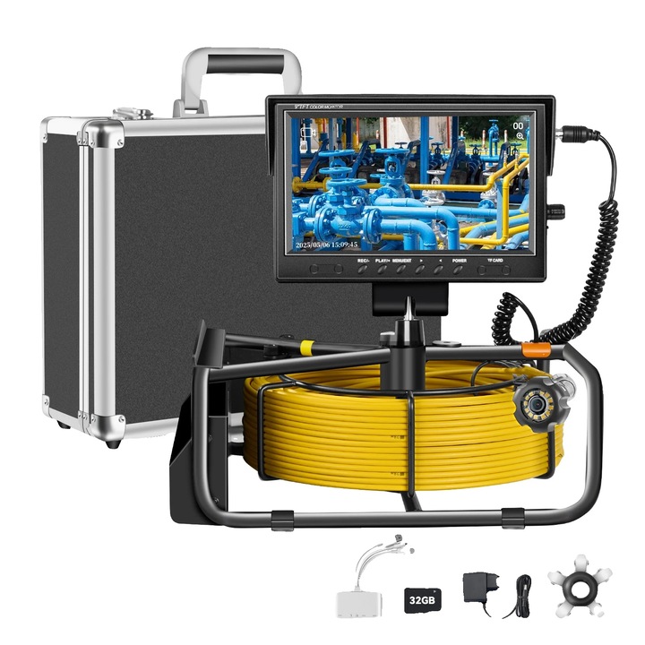 Camera de inspectie pentru canalizare, 9 inch, rezistenta la apa IP68, 30M, 1080P, 12 LED-uri ajustabile