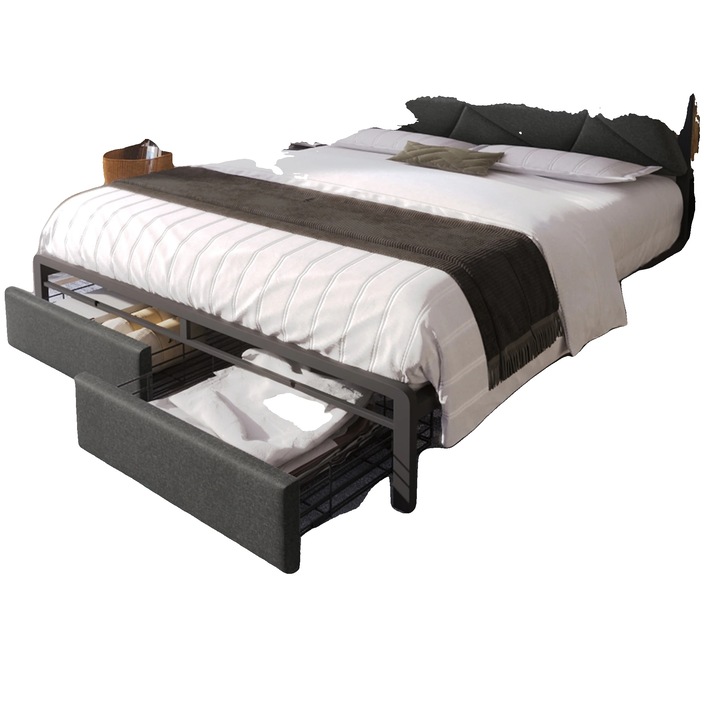 Pat tapitat cu porturi de incarcare USB, iluminare LED, gri - in, 140cmx200cm