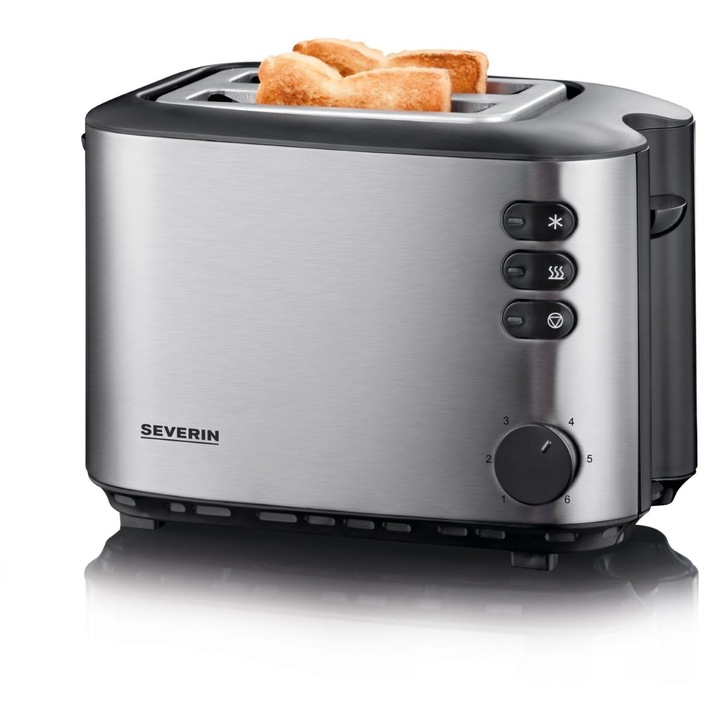 Paine de paine automat SEVERIN cu 2 fante pentru toast, cu atasament pentru chifle, otel inoxidabil, pentru prajire, dezghetare si incalzire, 850 W, otel inoxidabil periat/negru, AT 2514