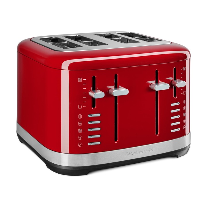 Paine de paine KitchenAid 5KMT4109EER pentru 4 felii, functionare manuala, 7 niveluri de rumenire, fante extra largi (3, 2 cm), carcasa integrala din metal, functie de dezghetare, covrigi si incalzire, 1960W, rosu imperiu