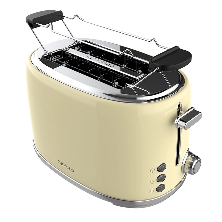 Toaster Cecotec 2 felii Toast&Taste 1000 Retro Double Beige, 980 W, 2 fante late si scurte de 3, 8 cm, otel inoxidabil, rafturi superioare, putere reglabila, tava pentru firimituri