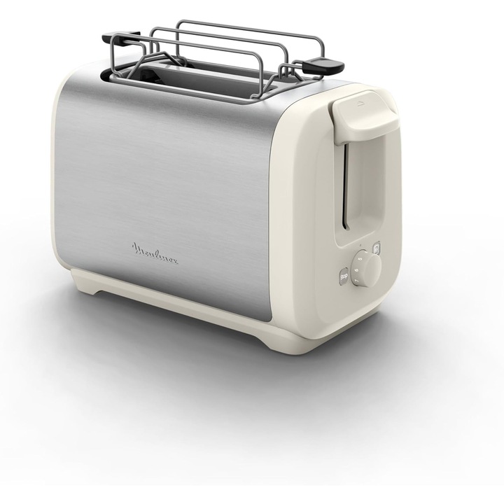 Moulinex Subito, prajitor de paine cu 2 fante cu incalzitor de chifle, prajire mai rapida, consum redus, design modern, alb si otel inoxidabil, LT5S1AE0