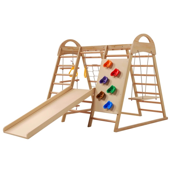 Structura de escalada, design multifunctional, activitati de joaca interioare, 7 in 1, natural, 120x120x134cm