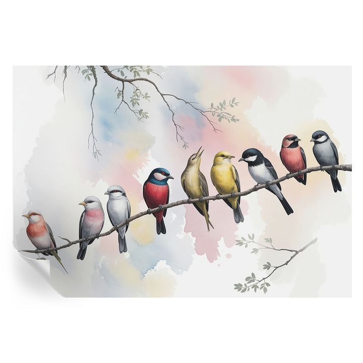 Öntapadós Tapéta Fali Dekoráció, Tulup, Madarak egy ágon, Fehér, 152 x 104 cm, Dekor, Nappaliba, Hálószobába, 010170060180000285050