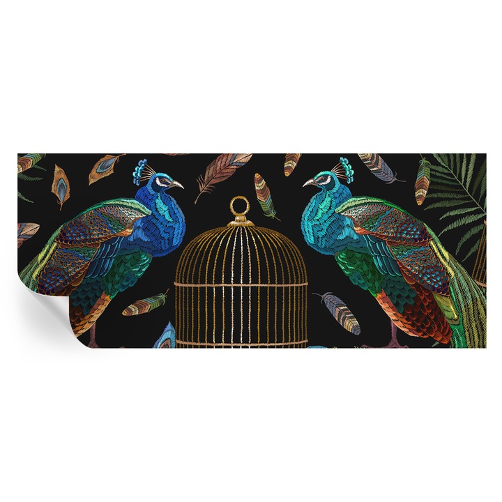 Fototapet tulup, imagine cu paun, autocolant, negru, 250x104 cm