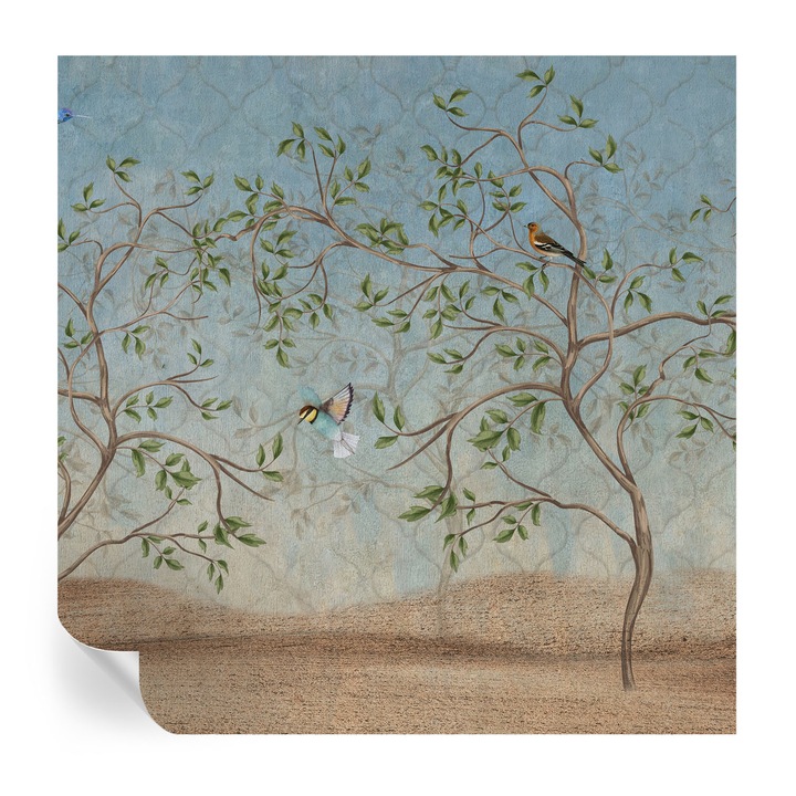 Öntapadós Fotótapéta Falra, Tulup, Madarak a fákon, Szürke, 250 x 250 cm, Dekoráció, Nappaliba, Hálószobába, 010170060030000285249