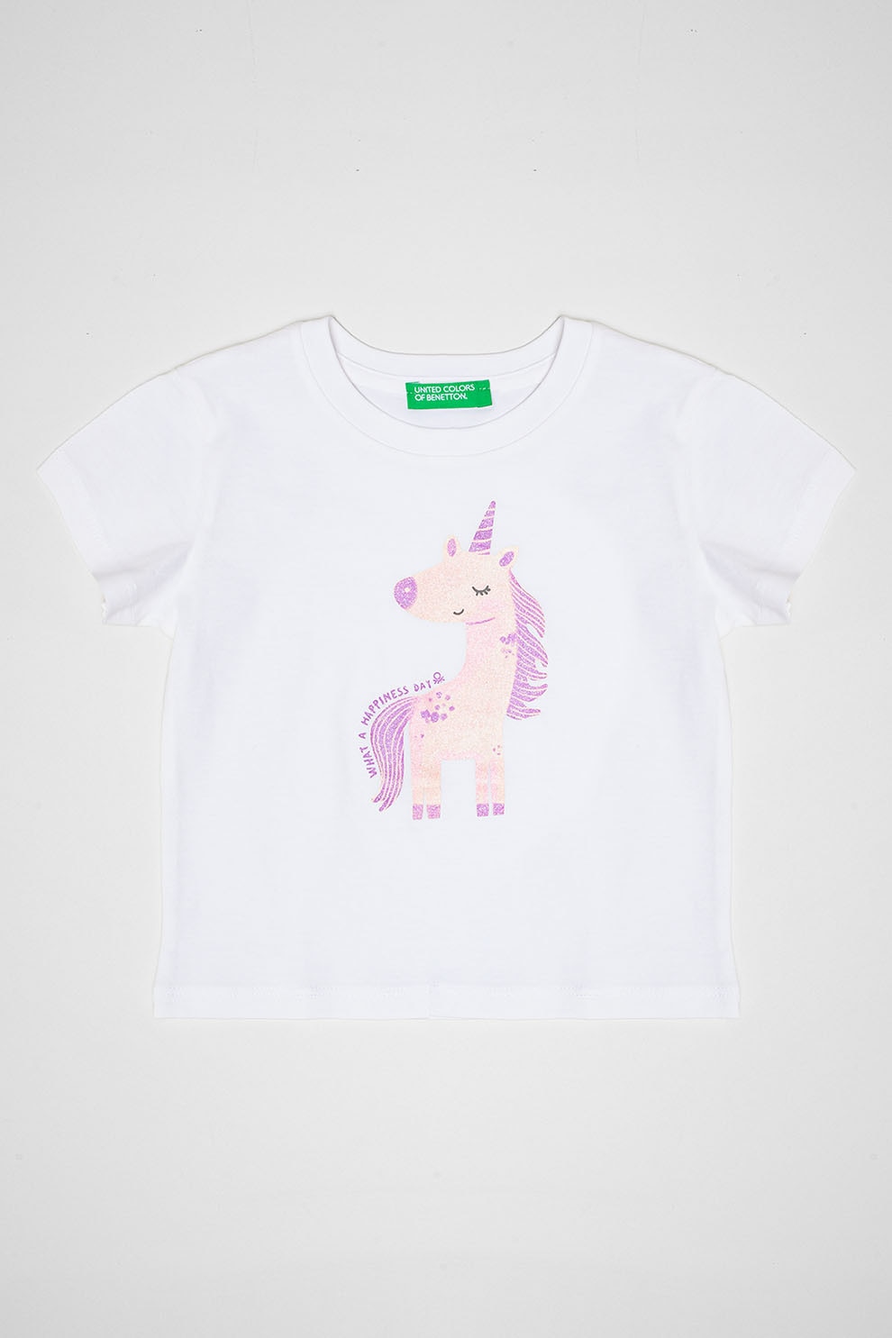 United Colors of Benetton, Tricou din bumbac cu imprimeu frontal, Alb, Violet prafuit, Liliac prafuit, 110 CM