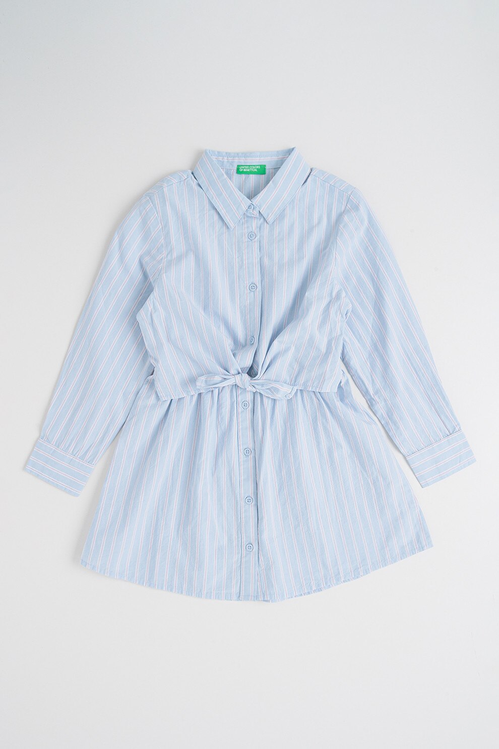 United Colors of Benetton, Rochie cu nasturi si model in dungi, Alb, Maro taupe deschis, Albastru glaciar, 150 CM