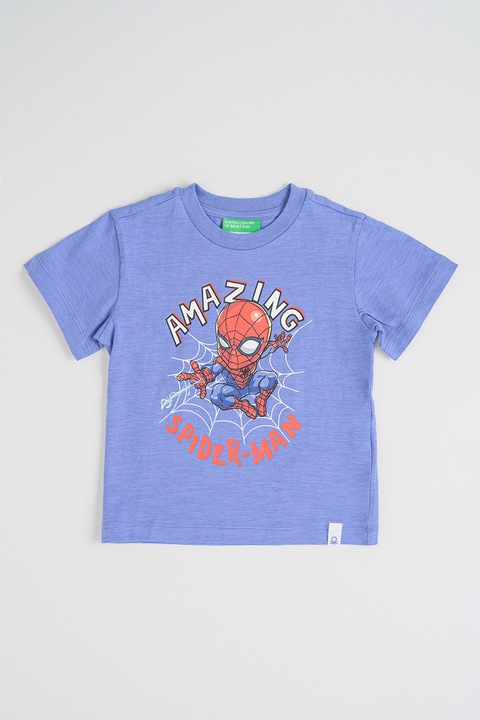 United Colors of Benetton, Kerek nyakú rajzfilm mintás póló, Piros/Fehér/Púderkék