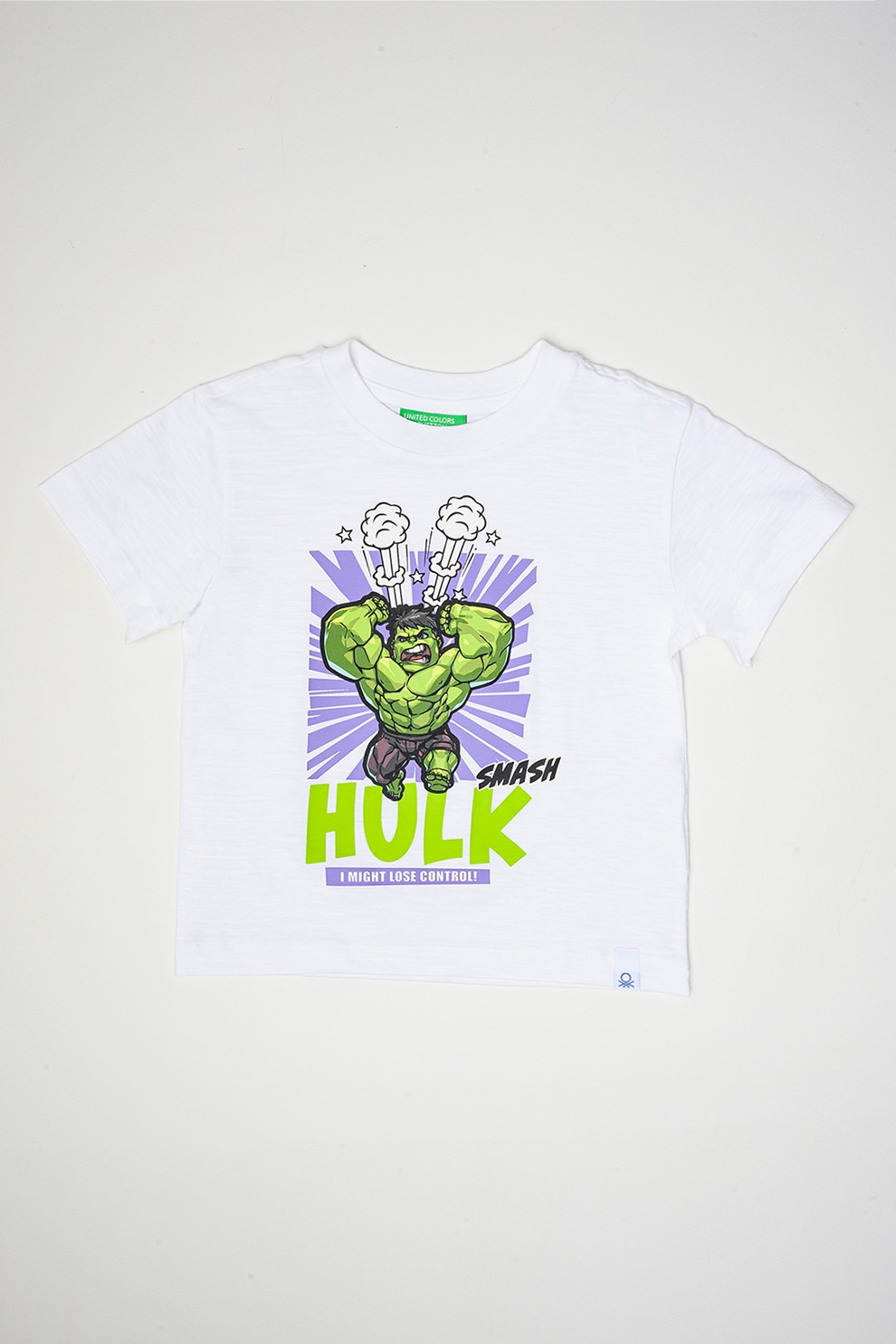 United Colors of Benetton, Tricou cu decolteu la baza gatului si imprimeu cu desene animate, Alb, Ametist, Verde lime, 110 CM