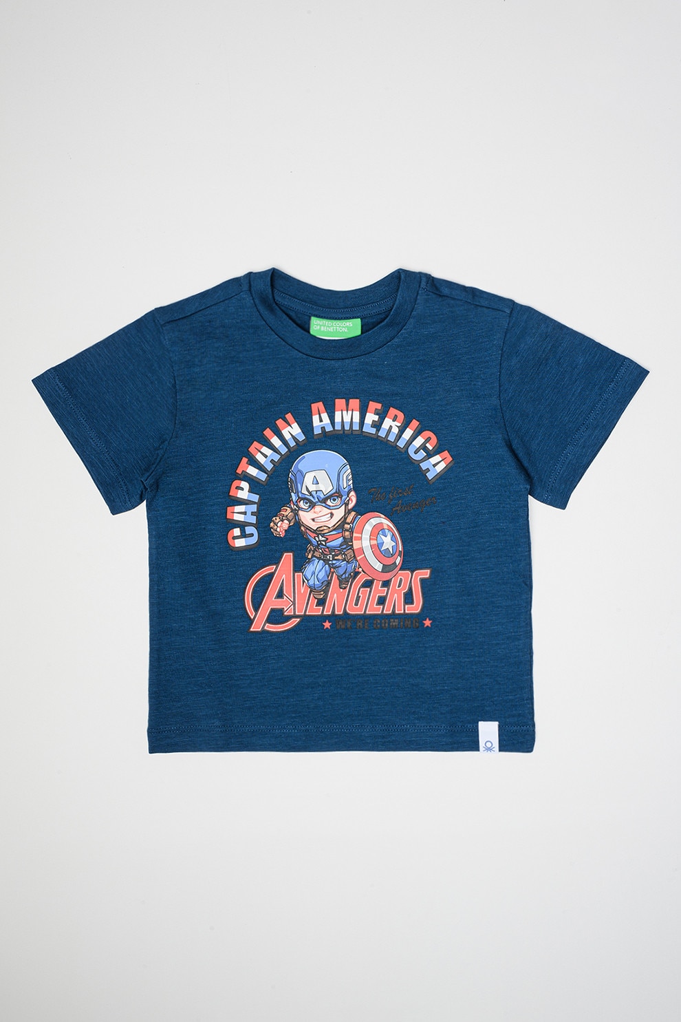 United Colors of Benetton, Tricou cu decolteu la baza gatului si imprimeu cu desene animate, Rosu, Alb, Bleumarin, 110 CM