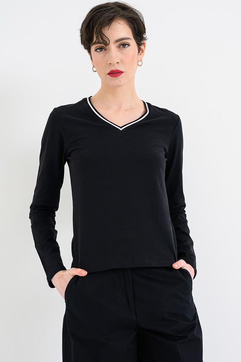 United Colors of Benetton, Bluza cu decolteu in V si dungi contrastante, Negru/Alb optic