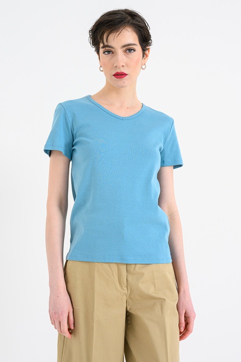 United Colors of Benetton, Tricou din bumbac cu decolteu in V, Albastru pastel