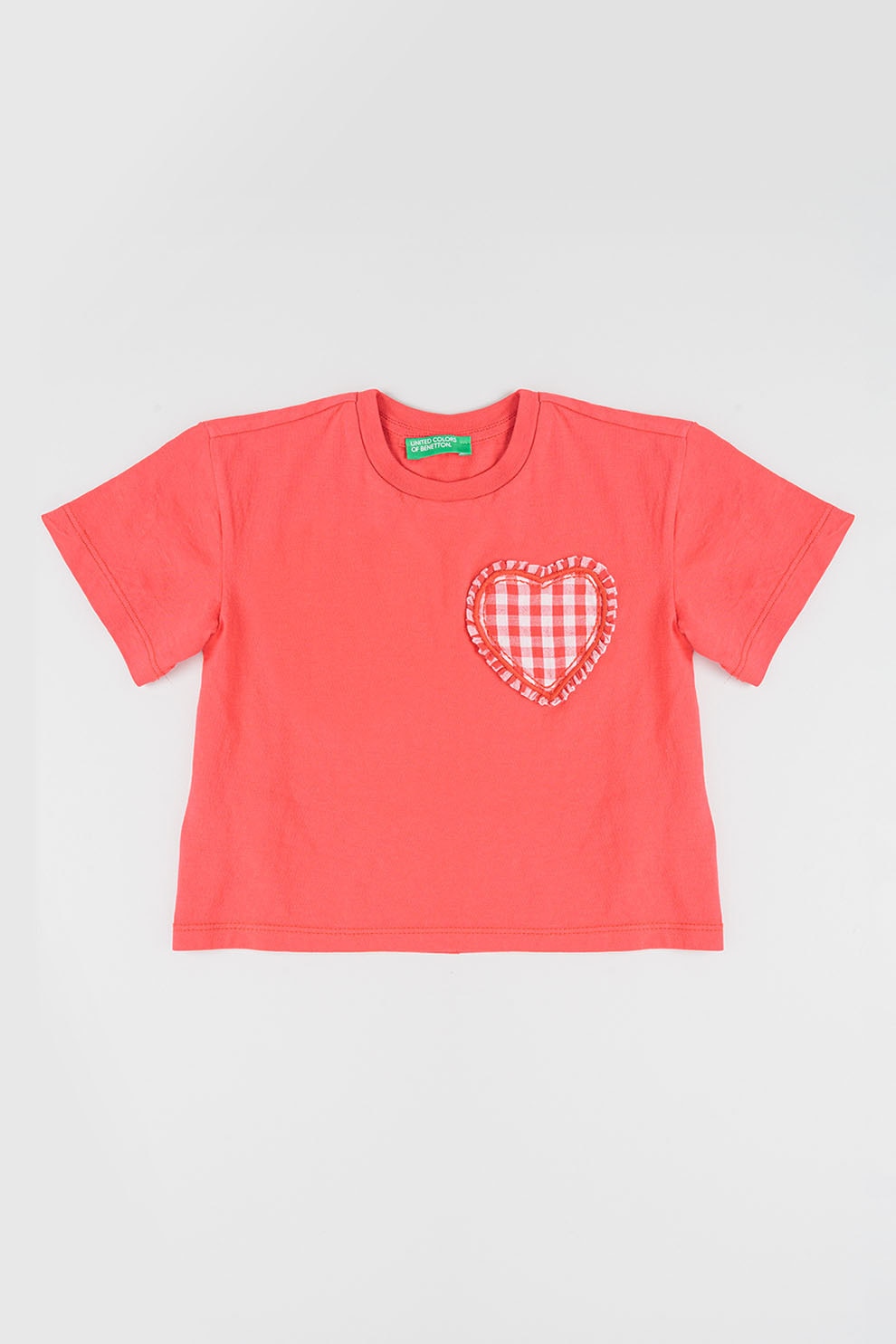 United Colors of Benetton, Tricou din bumbac cu decolteu la baza gatului, Alb, Coral, 116 CM