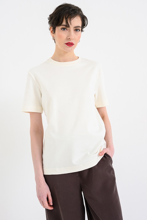 United Colors of Benetton, Tricou leger, de bumbac, cu decolteu la baza gatului, Alb murdar