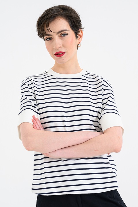 United Colors of Benetton, Tricou din amestec de bumbac cu model in dungi, Negru/Alb murdar