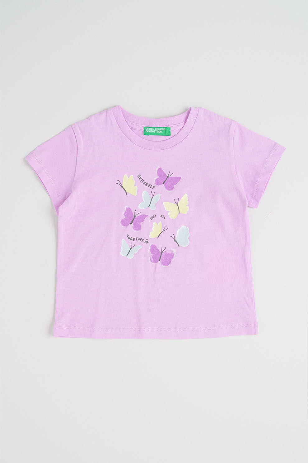 United Colors of Benetton, Tricou din bumbac cu imprimeu frontal, Galben pai, Lila, Albastru glaciar, 116 CM