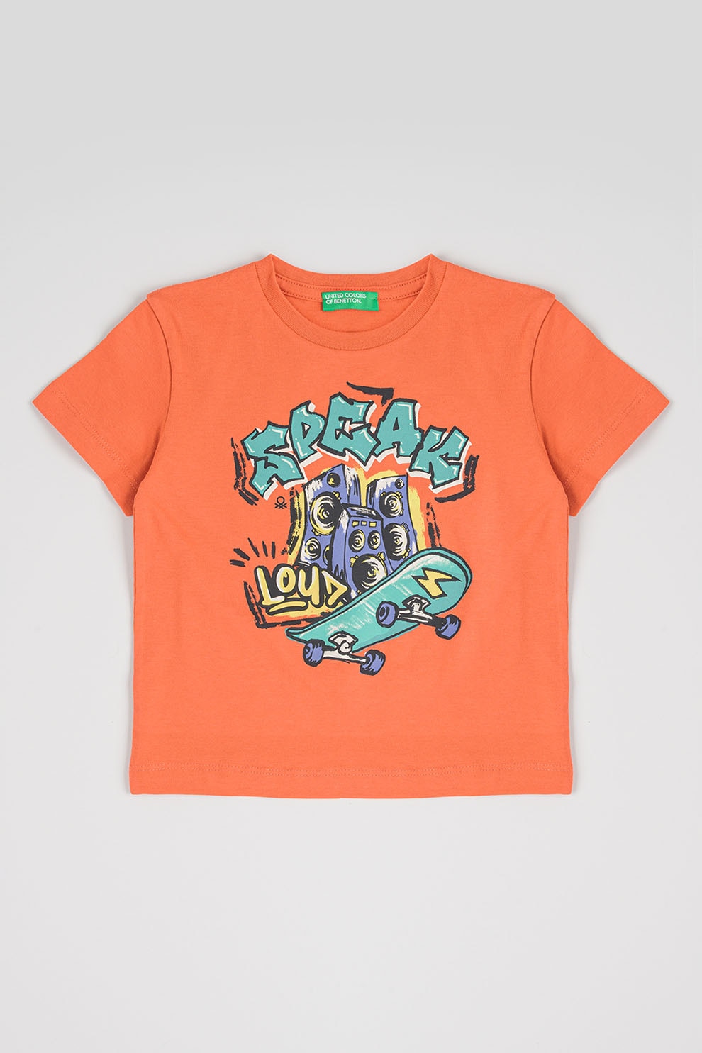 United Colors of Benetton, Tricou din bumbac cu imprimeu grafic si text frontal, Albastru inchis, Coral, Verde persan, 98 CM