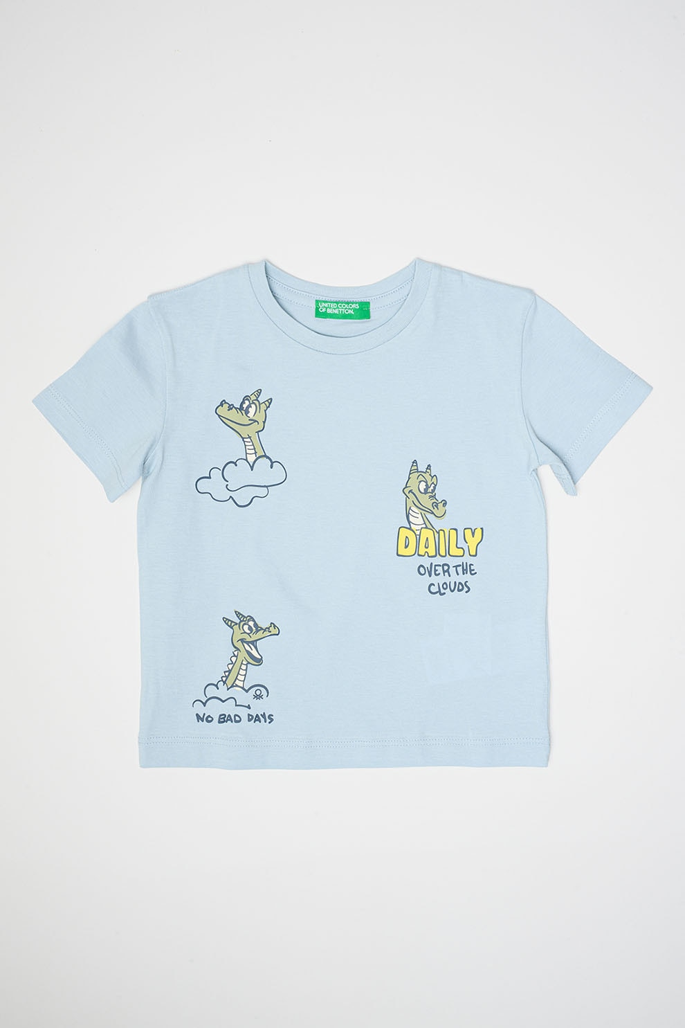 United Colors of Benetton, Tricou din bumbac cu imprimeu grafic si text frontal, Albastru ultramarin, Albastru lavanda, Verde sparanghel, 116 CM