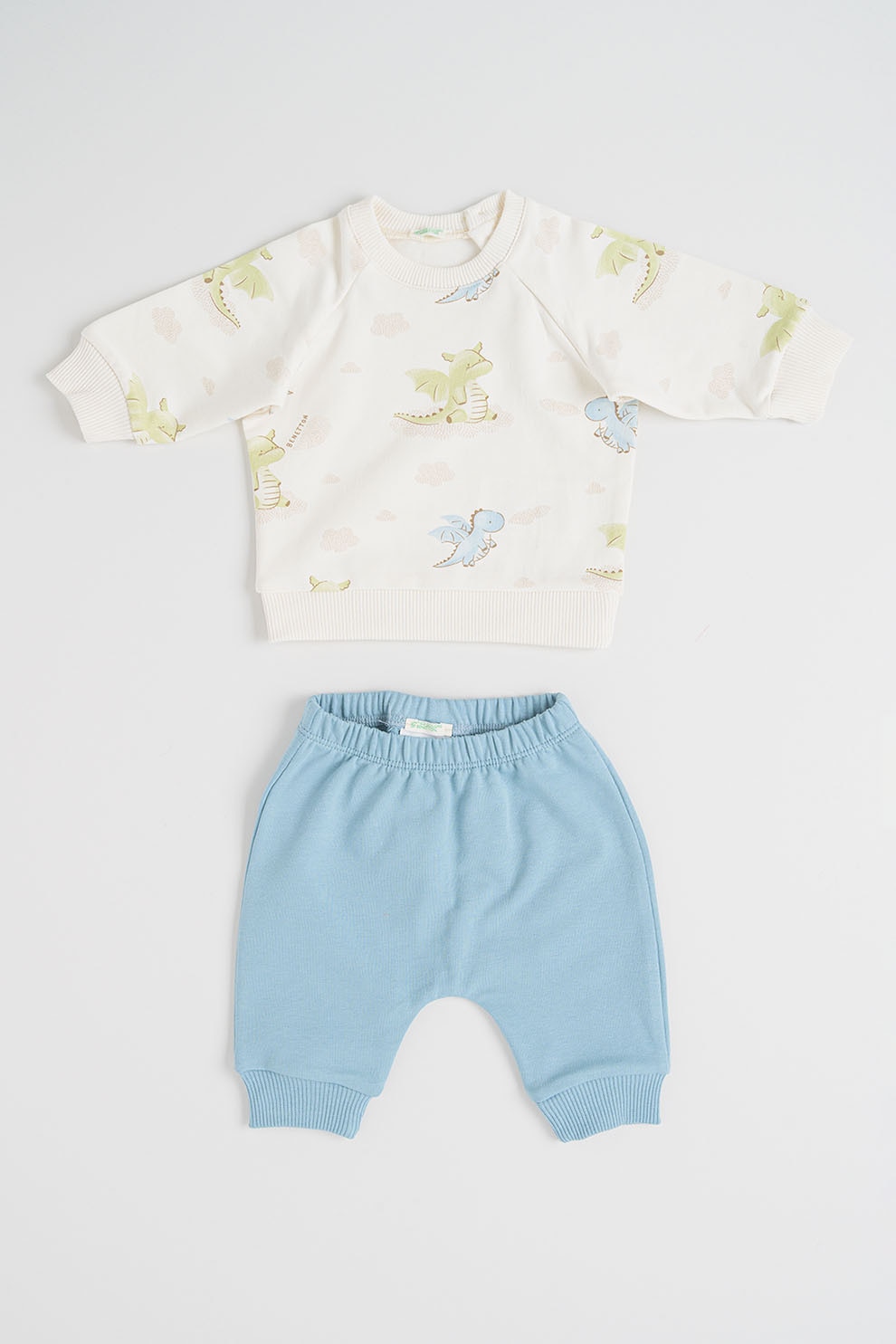 United Colors of Benetton, Set de bluza si pantaloni - 2 piese, Alb, Albastru prafuit, Verde fistic, 68 CM