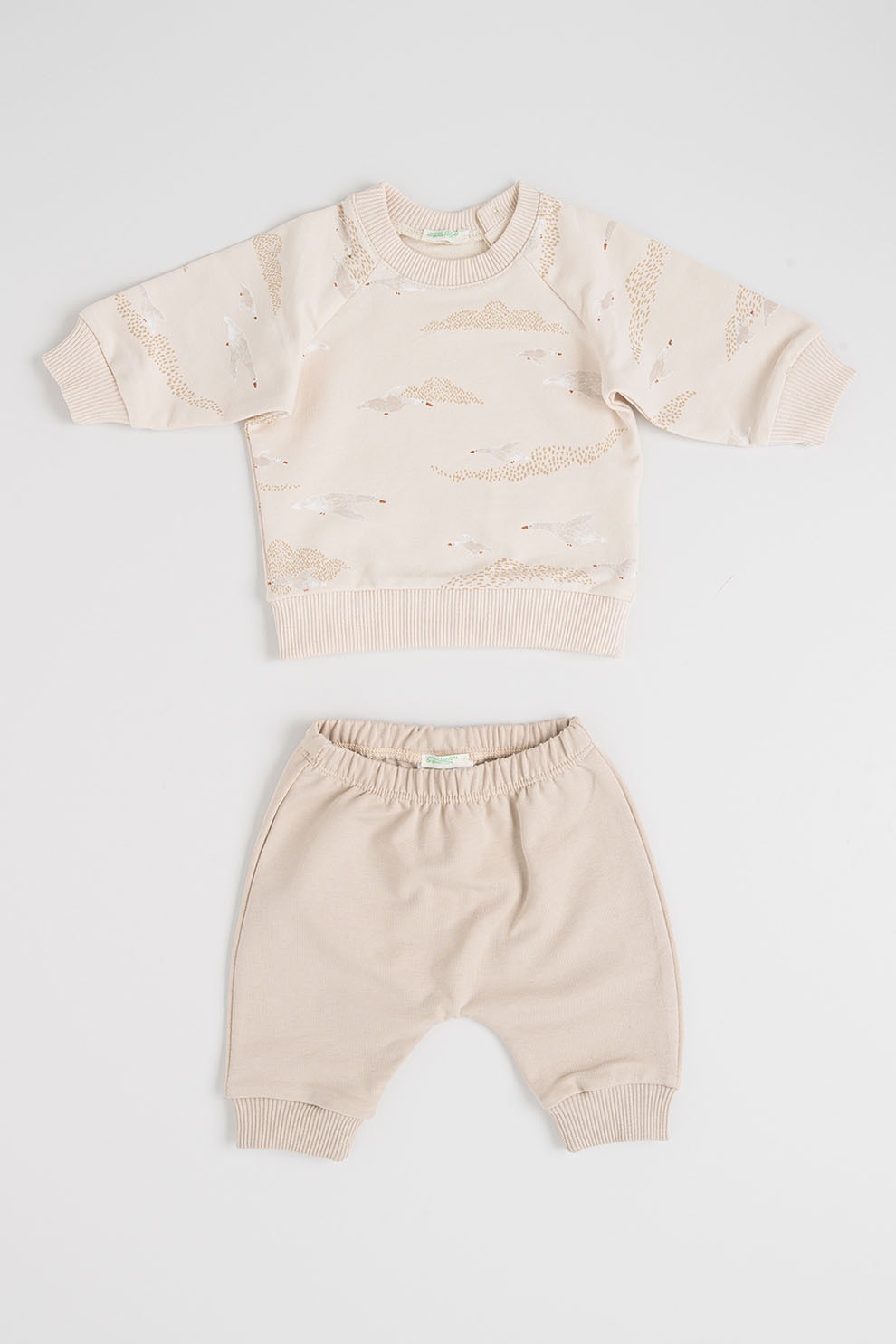 United Colors of Benetton, Set de bluza si pantaloni - 2 piese, Alb, Bej inchis, Bej deschis, 62 CM
