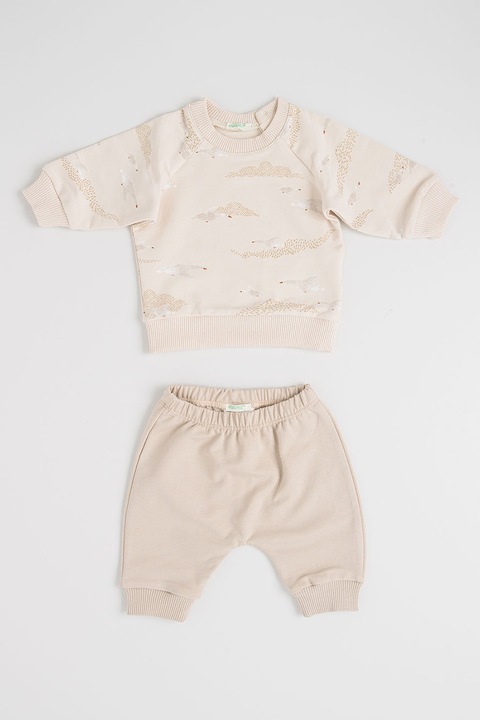 United Colors of Benetton, Set de bluza si pantaloni - 2 piese, Alb/Bej inchis/Bej deschis