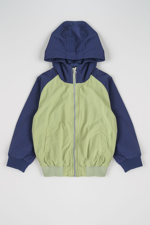 United Colors of Benetton, Jacheta subtire cu gluga si doua buzunare, Verde masliniu/Bleumarin