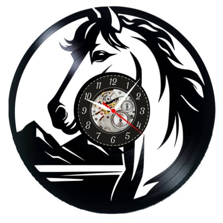 Dekoratív falióra - Vad Szellemű Ló - Fenséges Természet - bakelit lemezből (Vinyl Record) készült, Fekete, 30 cm