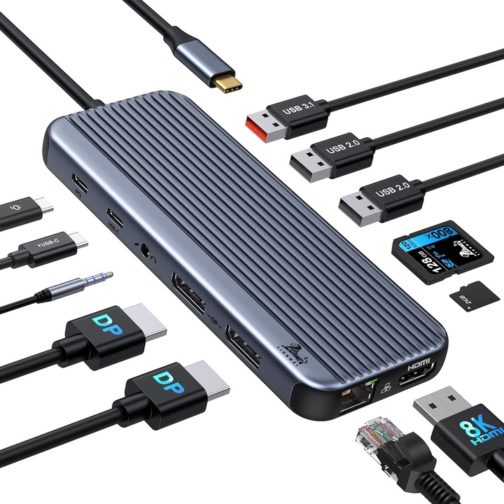 Докинг станция Andocare USB-C 12-в-1: 8K HDMI, двоен DP, 10Gbps, 100W PD
