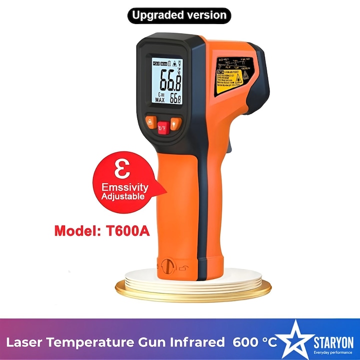 Termometru Infrarosu Digital Profesional T600A, Fara Contact, Industrial, Laser, Interval -50°C ~ +600°C, Emisivitate Reglabila, Ecran LCD cu Iluminare, Functie Mentinere Date, Auto-Oprire, Negru/Portocaliu