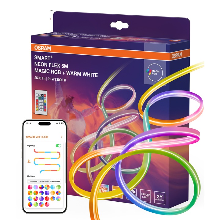 Banda LED RGB inteligenta OSRAM Neon Flex RGB, Wi-Fi (2.4 GHz), cu telecomanda, 24W, dimabila, IP44, 5m, compatibil cu aplicatia Smart+.