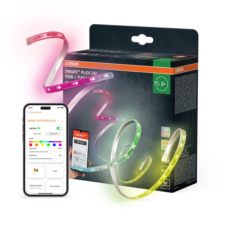Banda LED RGB + lumina calda inteligenta OSRAM Neon Flex RGB, Wi-Fi (2.4 GHz), cu telecomanda, 15.5W, dimabila, IP44, 3m, compatibil cu aplicatia Smart+.