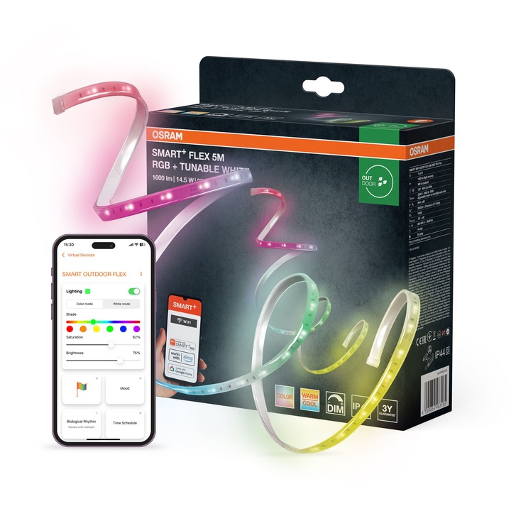 Banda LED RGB + lumina calda inteligenta OSRAM Neon Flex RGB, Wi-Fi (2.4 GHz), cu telecomanda, 24W, dimabila, IP44, 5m, compatibil cu aplicatia Smart+.