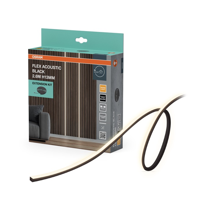 Extensie banda LED OSRAM pentru riflaje compatibila cu produs cod 4099854677755, 24W, 260lm, lumina calda (3000K), alimentare priza, lungime 2600mm, inaltime 13mm, IP20, Negru.