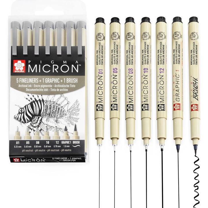 Pixuri Fineliner Sakura Pigma Micron Set 7, cerneala neagra, 0.2 mm