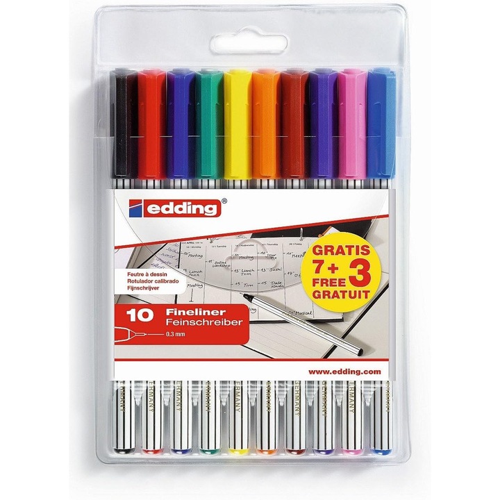 Set 10 Markere Fine Liner Edding 89, 0.3 mm, Multicolor