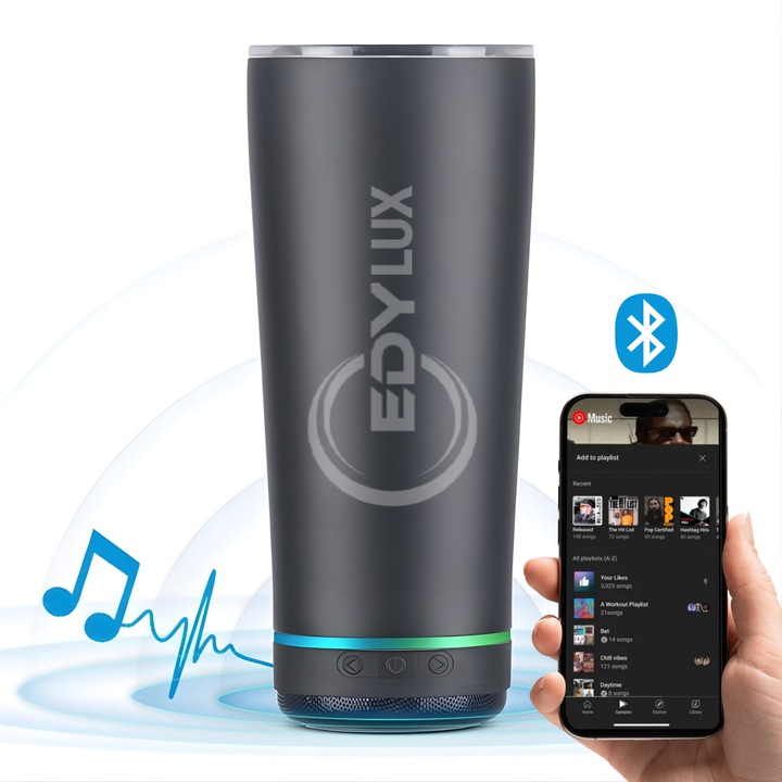Termos inteligent cu difuzor wireless integrat EDYLUX®, inox premium, izolare termica, Bluetooth, capacitate 500ml, baterie reincarcabila, design ergonomic, capac cu inchidere sigura, control intuitiv, ideal pentru birou, calatorii si fitness, Negru
