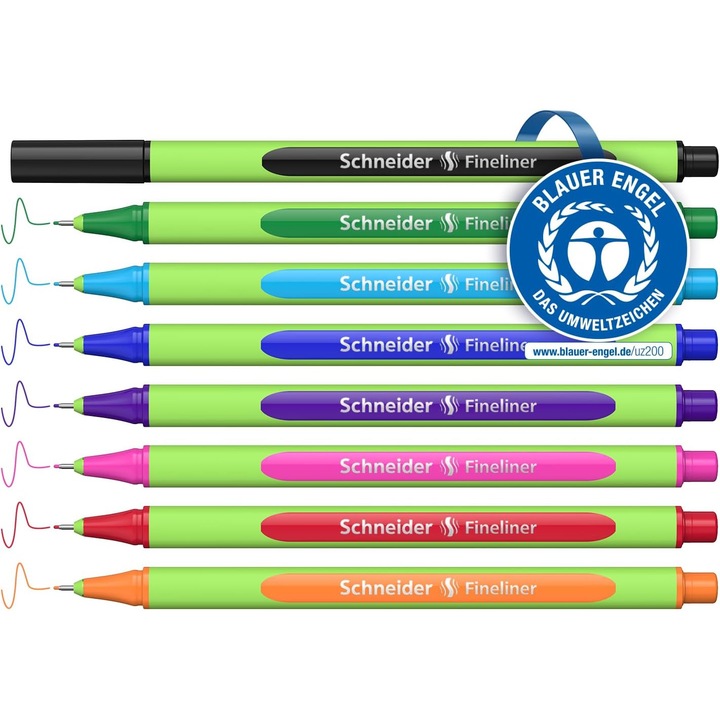 Fineliner Schneider, set 8 culori, plastic bio-bazat, varf 0.4 mm, multicolor