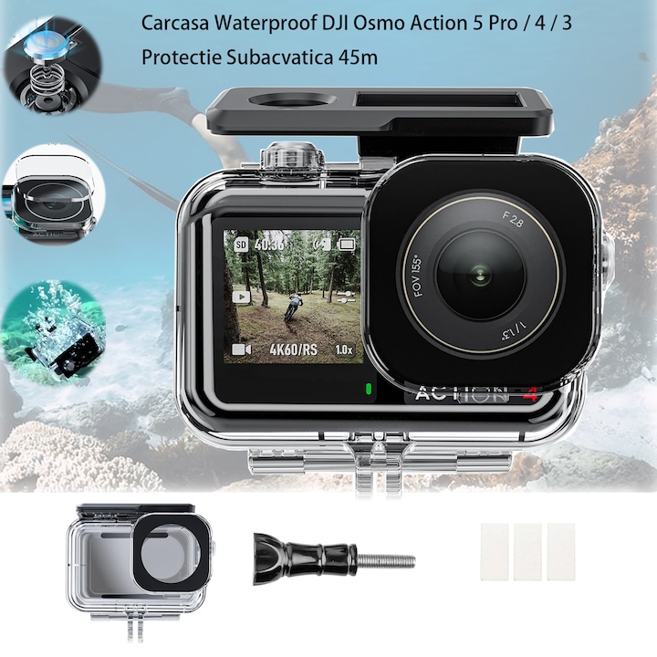 Excitat® Carcasa Waterproof DJI Osmo Action 5 Pro / 4 / 3 - Protectie Subacvatica 45m / 148ft cu Anti-Fog, Cage Suport, Diving Housing Accesorii Kit