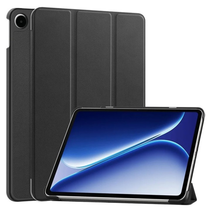Gigapack tabletvédő álló, bőr hatású, aktív flip, oldalra nyíló, trifold, asztali tartó, fekete, kompatibilis: OnePlus Pad Go 2 WiFi / Pad Go 2 5G
