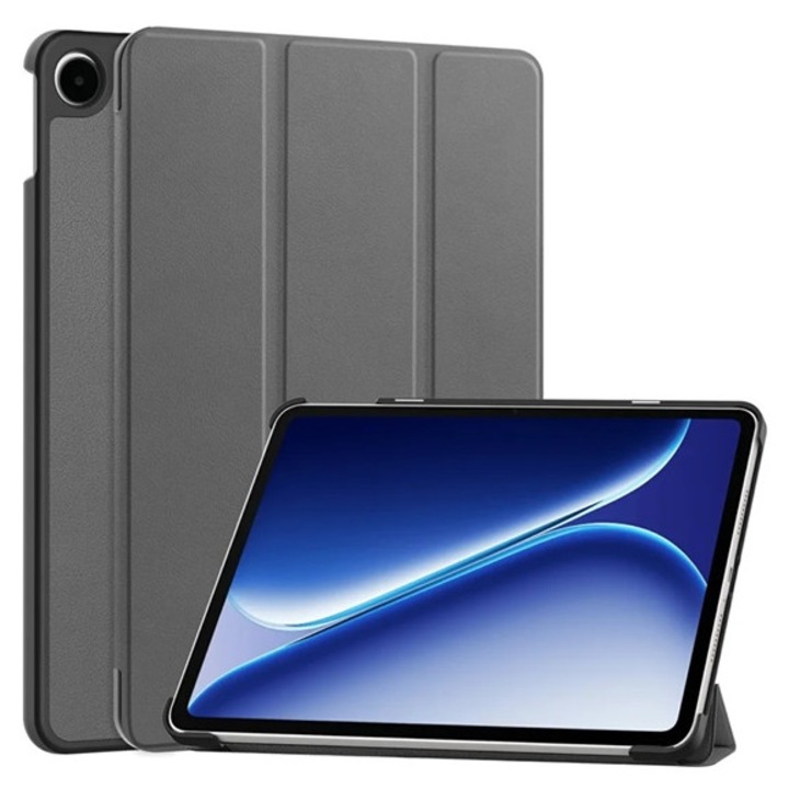 Gigapack tabletvédő álló, bőr hatású, aktív flip, oldalra nyíló, trifold, asztali tartó, sötétszürke, kompatibilis: OnePlus Pad Go 2 WiFi / Pad Go 2 5G