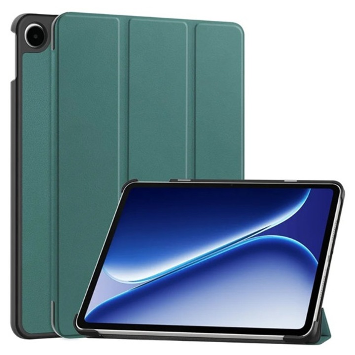 Gigapack tabletvédő álló, bőr hatású, aktív flip, oldalra nyíló, trifold, asztali tartó, sötétzöld, kompatibilis: OnePlus Pad Go 2 WiFi / Pad Go 2 5G